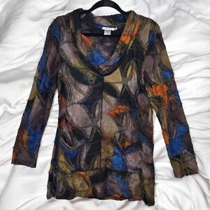 Feratelli Colorful Patchwork Top Woman Medium Cowl Neck Abstract Artsy Steampunk